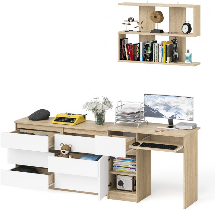Мори компьютерный стол МС-1 левый + Комод МК1200.6 + Полка 900, дуб сонома/белый