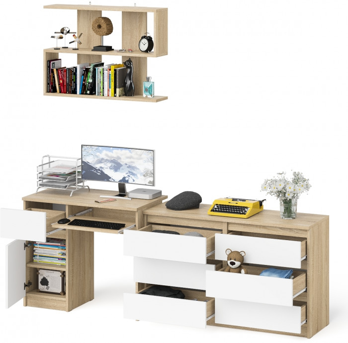 Мори компьютерный стол МС-1 левый + Комод МК1200.6 + Полка 900, дуб сонома/белый