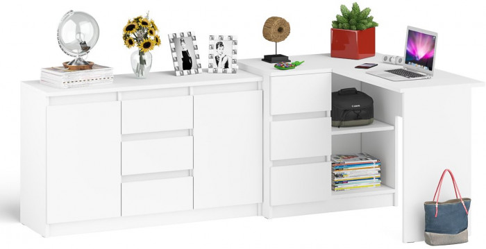 Мори Стол компьютерный МС-16 левый + Комод МК1200.3, цвет белый, ШхГхВ 244,8х84,9х76,6 см., выдвижные ящики слева, НЕ универсальная сборка
