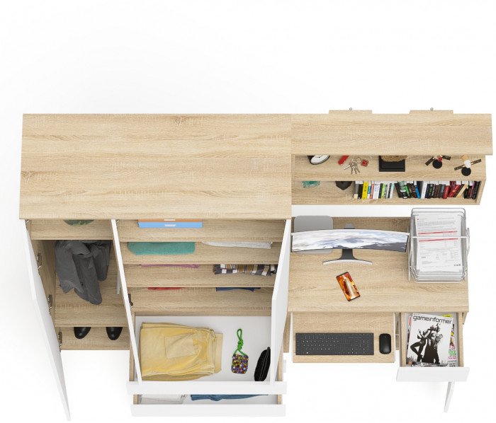 Мори компьютерный стол МС-1 правый + Шкаф МШ1200.1 + Полка 900, дуб сонома/белый