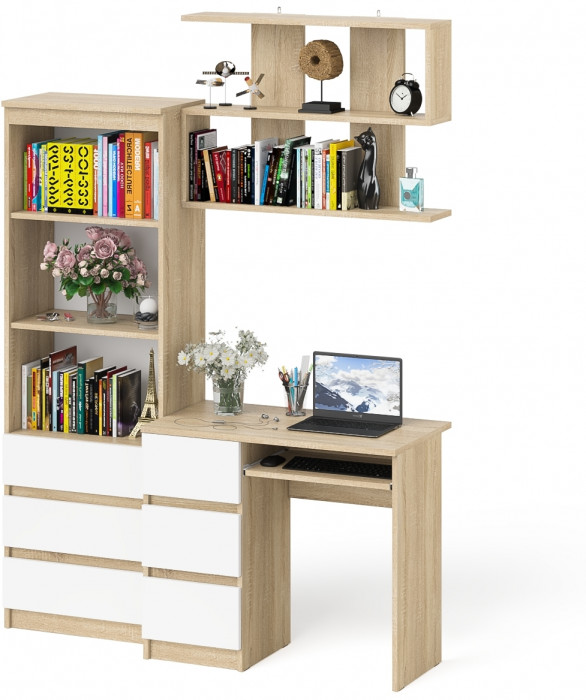 Мори компьютерный стол МС-6 левый + Стеллаж МСТ600.3 + Полка 900, дуб сонома/белый