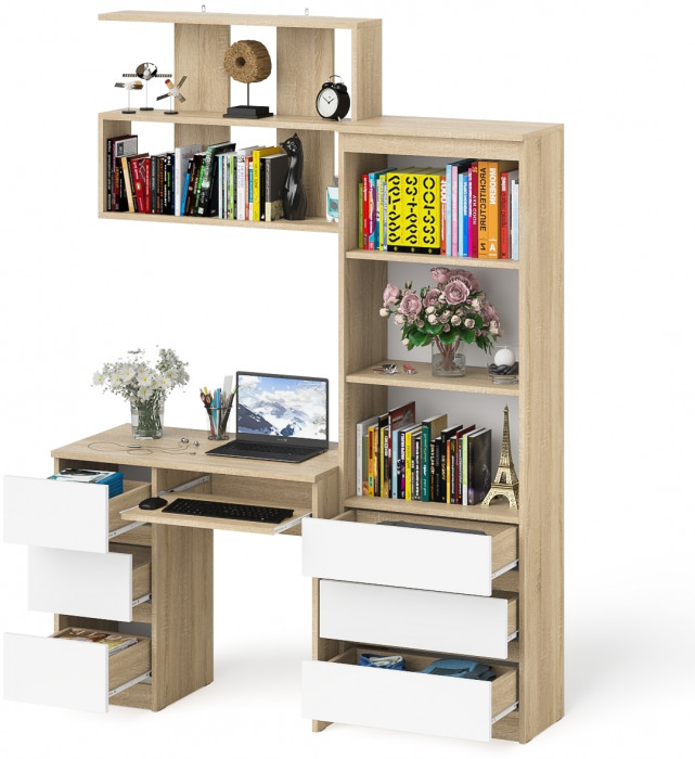 Мори компьютерный стол МС-6 левый + Стеллаж МСТ600.3 + Полка 900, дуб сонома/белый