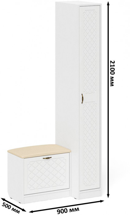 Прихожая П-6 Компоновка № 39, белая шагрень/фасады МДФ белое дерево фрезеровка ромб