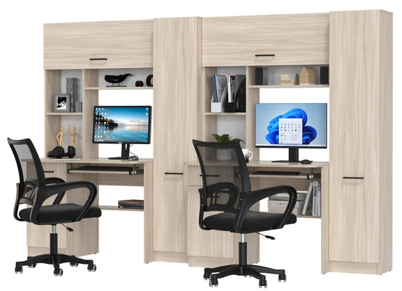 Два стола рабочих 6-0603 Альфа + два кресла 103 чёрных, ясень шимо светлый