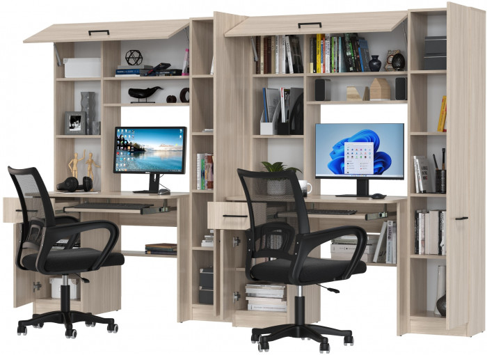 Два стола рабочих 6-0603 Альфа + два кресла 103 чёрных, ясень шимо светлый