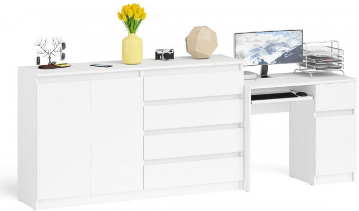 Мори компьютерный стол МС-1 правый + Комод МК1600.1, белый