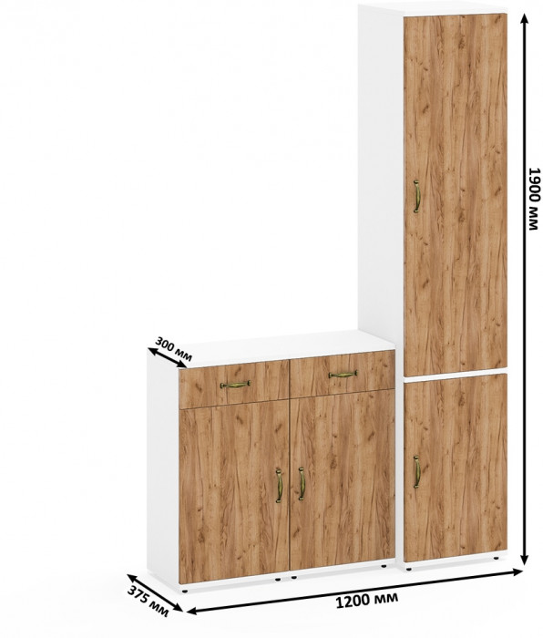 Лидер-8 Пенал МД 22Б + Тумба МД 3.15 + Тумба МД 3.15, цвет белый шагрень/крафт золото, ШхГхВ 120х37,5х190 см., универсальная сборка