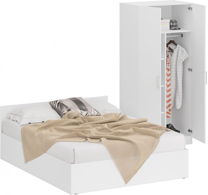 Кровать 1600 + Шкаф 2-х створчатый Стандарт, цвет белый, ШхГхВ 163,5х203,5х70 + 90х52х200 см., сп.м. 1600х2000 мм., без матраса, основание есть