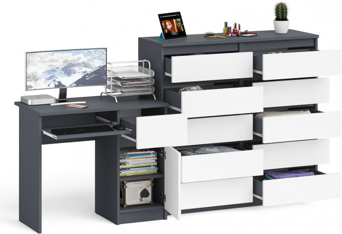 Мори Стол компьютерный МС-1 правый + Комод МК1200.10, цвет графит/белый, ШхГхВ 210,4х50х115 см., выдвижной ящик справа, НЕ универсальная сборка