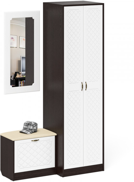 Прихожая П-6 Компоновка № 11, венге/фасады МДФ белое дерево фрезеровка ромб