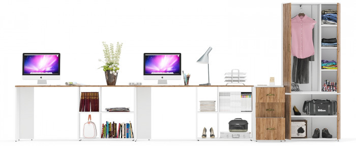 Лидер-8 Стол + Стол + Шкаф МД 20Б + Тумба МД 3.16, цвет белый шагрень/крафт золото, ШхГхВ 450х50/37,5х75/190 или 230х200/50х75/190 см., НЕ ун. сб.