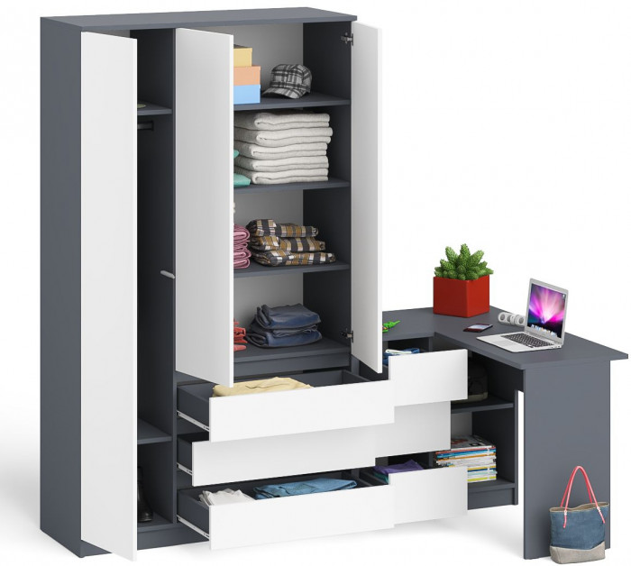 Мори Стол компьютерный МС-16 левый + Шкаф МШ1200.1, цвет графит/белый, ШхГхВ 244,8х84,9х209,6 см., выдвижные ящики слева, НЕ универсальная сборка