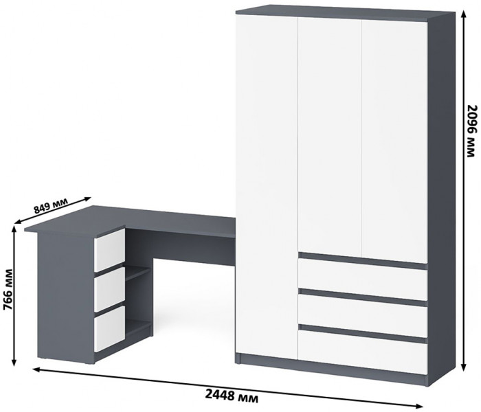 Мори Стол компьютерный МС-16 левый + Шкаф МШ1200.1, цвет графит/белый, ШхГхВ 244,8х84,9х209,6 см., выдвижные ящики слева, НЕ универсальная сборка