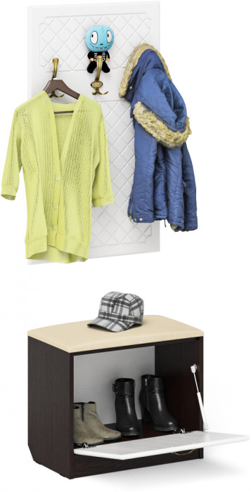 Прихожая П-6 Тумба + Вешалка, цвет венге/фасады МДФ белое дерево фрезеровка ромб, ШхГхВ 60х35х200 см.