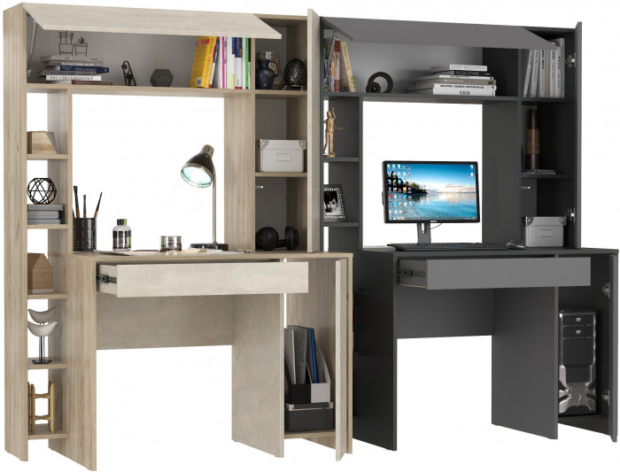 КР100 Два стола компьютерных Комфорт 12.71, цвет дуб крафт серый/шёлковый камень/антрацит/тёмно-серый, ШхГхВ 233,4х60,2х165,4 см., НЕ универс. сборка