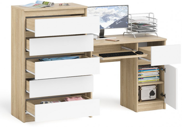 Мори компьютерный стол МС-1 правый + Комод МК700.5, дуб сонома/белый