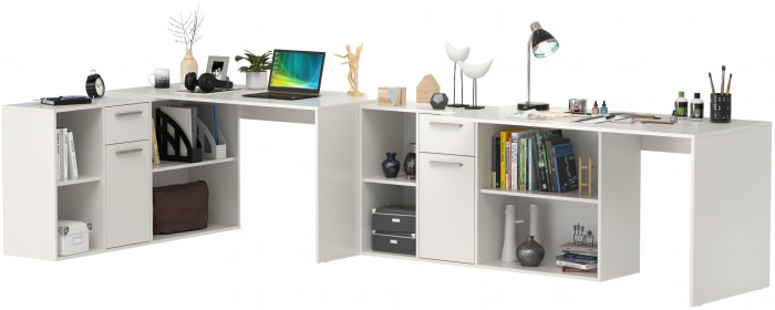 Лайт Стол письменный 03.245F + 03.245F, цвет белый шагрень, ШхГхВ 342,7х136х75,2 см.(угловой) или 407х68х75,2 см.(прямой), универсальная сборка