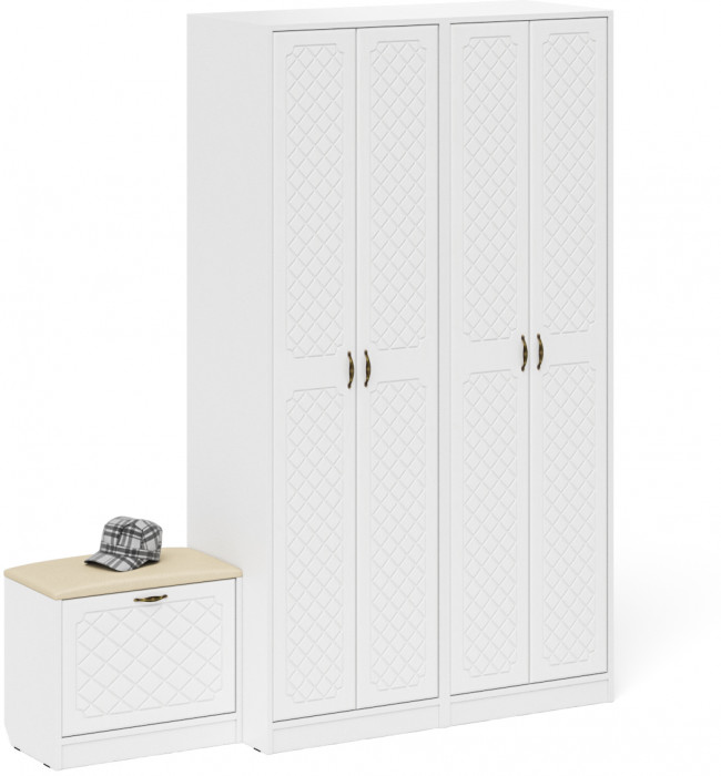 Прихожая П-6 Компоновка № 07, цвет белая шагрень/фасады МДФ белое дерево фрезеровка ромб, ШхГхВ 180х50х210 см., универсальная сборка