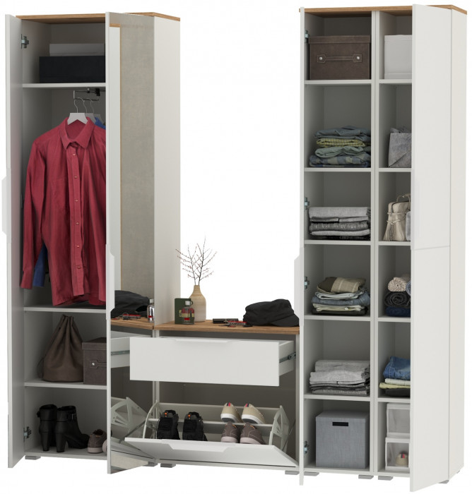 Октава Прихожая 28, цвет белый шагрень/дуб крафт золотой/фасады МДФ белый шагрень, ШхГхВ 193,7х35,4х197,6 см., универсальная сборка