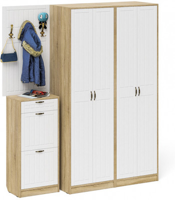 Прихожая П-6 Компоновка № 15, цвет дуб сонома/фасады МДФ белое дерево фрезеровка прованс, ШхГхВ 180х50х210 см., универсальная сборка