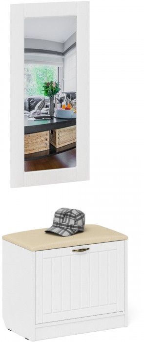 Прихожая П-6 Тумба + Зеркало, цвет белая шагрень/фасады МДФ белое дерево фрезеровка прованс, ШхГхВ 60х35х200 см.