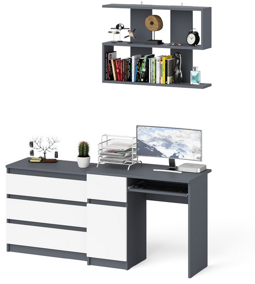 Мори компьютерный стол МС-1 левый + Комод МК800.1 + Полка 900, графит/белый