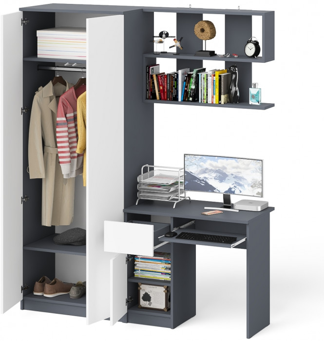 Мори компьютерный стол МС-1 левый + Шкаф МШ800.1 + Полка 900, графит/белый