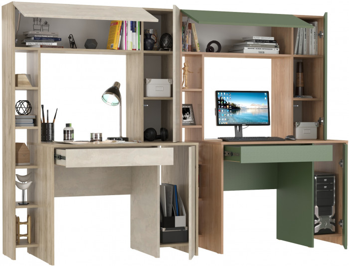 КР100 Два стола компьютерных Комфорт 12.71, цвет дуб крафт серый/шёлковый камень/гикори рокфорд натур./дымчатый зел., 233,4х60,2х165,4 см., НЕ ун. сб.