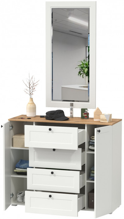 Остин 16.221 Комод + 17.03 Зеркало, белый шагрень/дуб крафт золотой