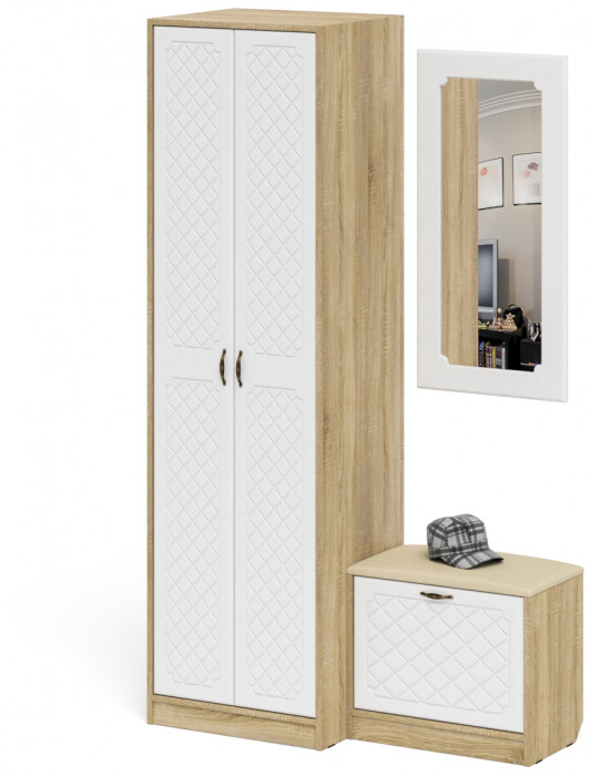 Прихожая П-6 Компоновка № 11, дуб сонома/фасады МДФ белое дерево фрезеровка ромб