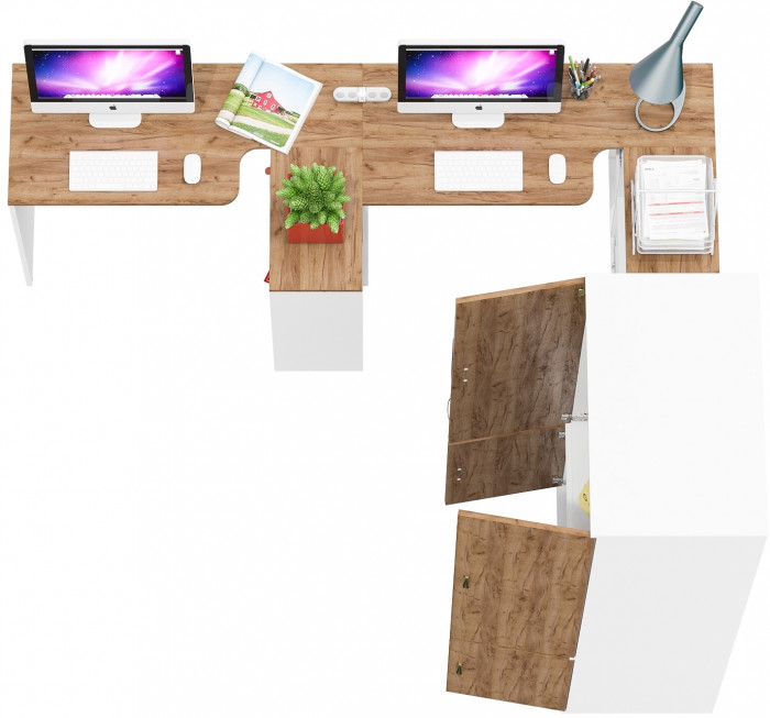 Лидер-8 Стол + Стол + Шкаф МД 19Б + Тумба МД 3.16, белый шагрень/крафт золото