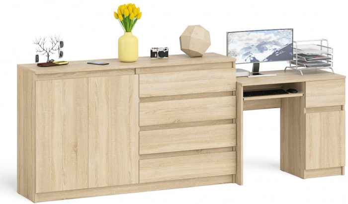 Мори компьютерный стол МС-1 правый + Комод МК1600.1, дуб сонома