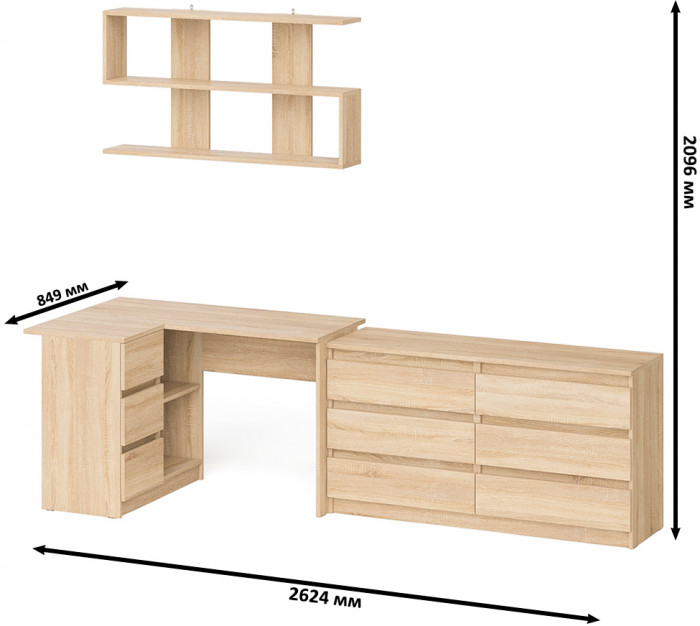 Мори компьютерный стол МС-16 левый + Комод МК1380.6 + Полка 1200, дуб сонома