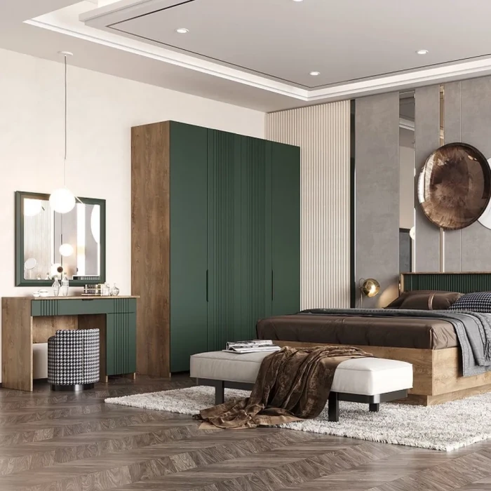 Шкаф для одежды 4-х дверный "Герта" - Дуб канзас/Зеленый матовый