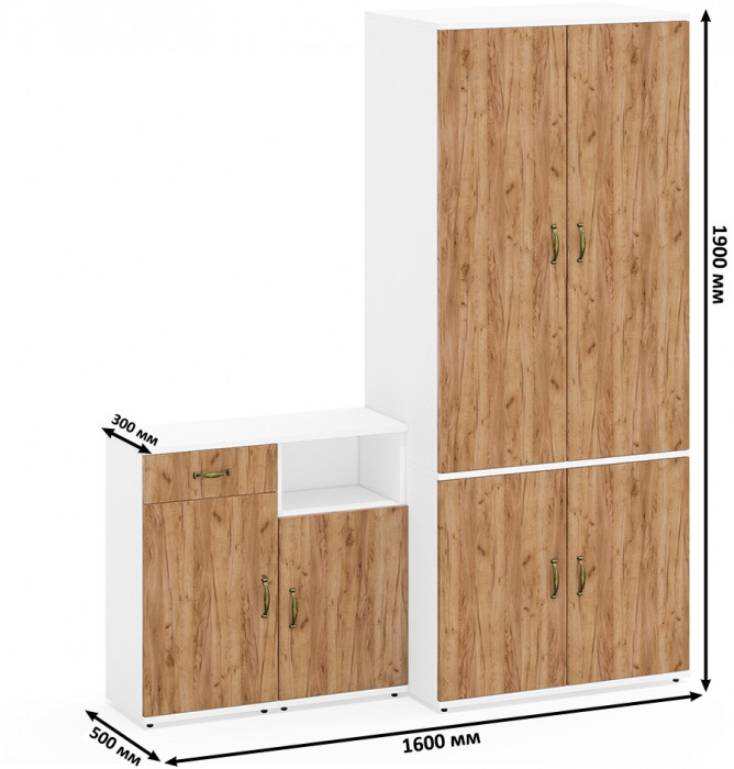Лидер-8 Шкаф МД 19Б + Тумба МД 3.15 + Тумба МД 3.19, цвет белый шагрень/крафт золото, ШхГхВ 160х50х190 см., универсальная сборка
