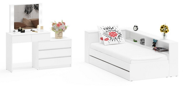 Ксения Кровать с ящиками 0900 + прикроватный блок + Столик с подсветкой 110, белый