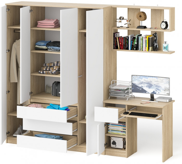 Мори компьютерный стол МС-1 левый + Шкаф МШ1600.1 + Полка 900, дуб сонома/белый