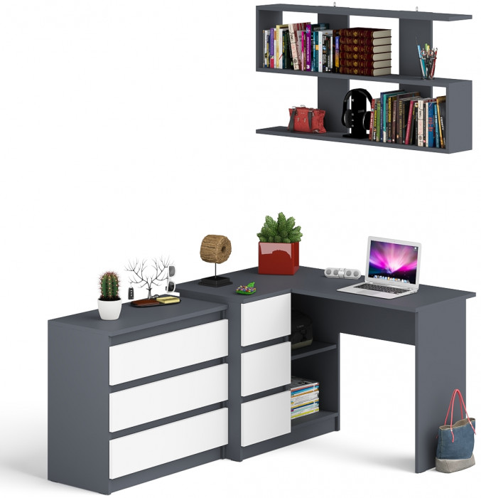 Мори компьютерный стол МС-16 левый + Комод МК800.1 + Полка 1200, графит/белый