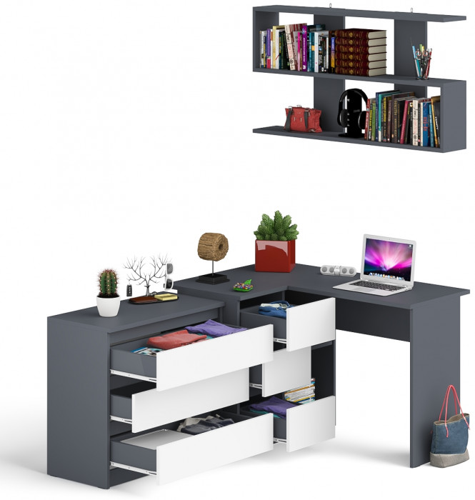 Мори компьютерный стол МС-16 левый + Комод МК800.1 + Полка 1200, графит/белый