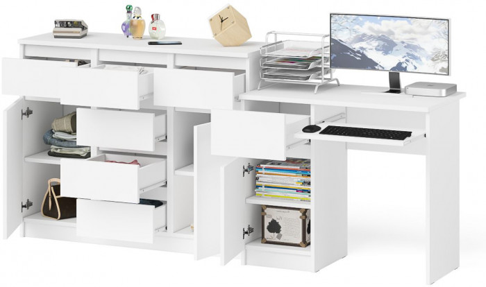 Мори Стол компьютерный МС-1 левый + Комод МК1200.4, цвет белый, ШхГхВ 210,4х50х94 см., выдвижной ящик слева, НЕ универсальная сборка