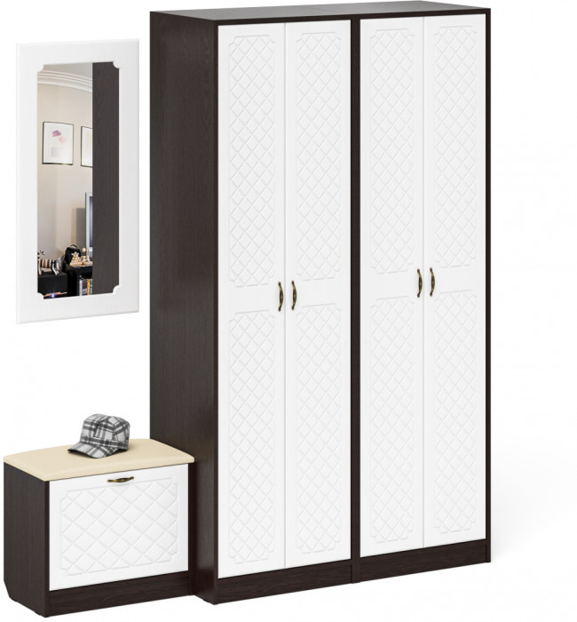 Прихожая П-6 Компоновка № 08, цвет венге/фасады МДФ белое дерево фрезеровка ромб, ШхГхВ 180х50х210 см., универсальная сборка