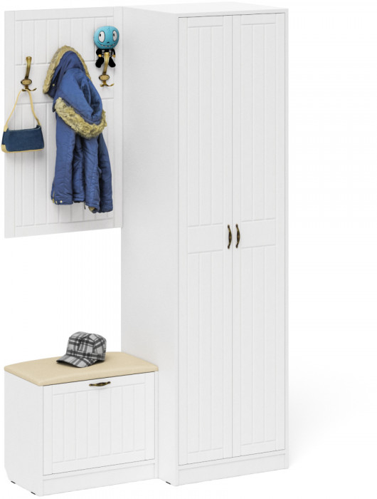 Прихожая П-6 Компоновка № 12, белая шагрень/фасады МДФ белое дерево фрезеровка прованс