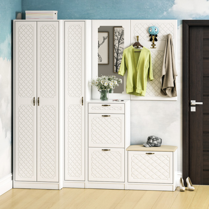 Прихожая П-6 Тумба для обуви 2 секции, белая шагрень/фасады МДФ белое дерево фрезеровка ромб