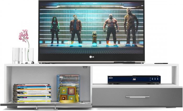 Тумба под ТВ Ларго 1, корпус белый/фасады МДФ графитово-серый глянец