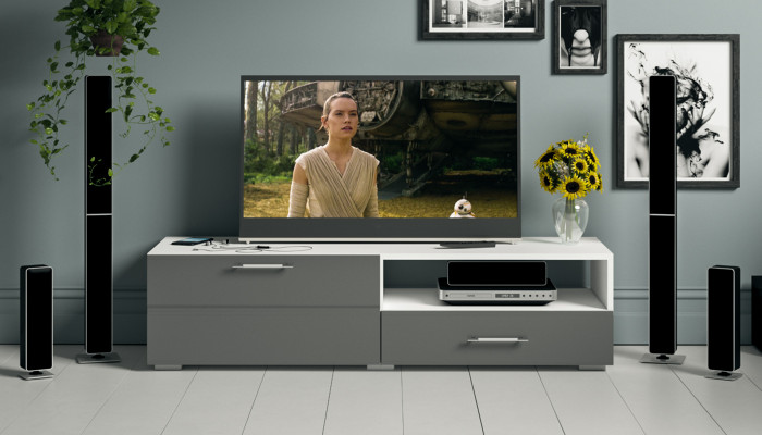 Тумба под ТВ Ларго 1, корпус белый/фасады МДФ графитово-серый глянец