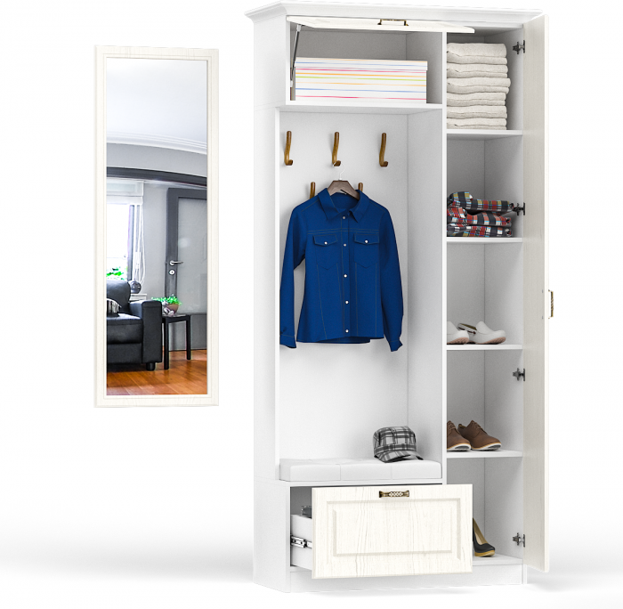 Ливерпуль Шкаф многоцелевого назначения 13.21 + карниз + Зеркало 03.242, ясень ваниль/белый