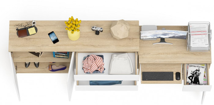 Мори компьютерный стол МС-1 правый + Комод МК1600.1, дуб сонома/белый