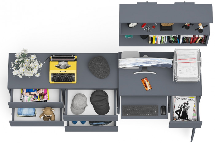 Мори Стол компьютерный МС-1 правый + Комод МК1200.6 + Полка 900, цвет графит, ШхГхВ 210,4х50х209,6 см., НЕ универсальная сборка