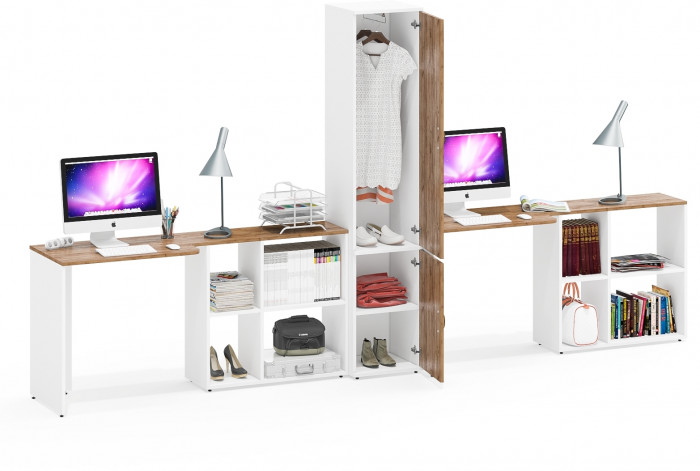 Лидер-8 Стол + Стол + Пенал МД 21Б, белый шагрень/крафт золото