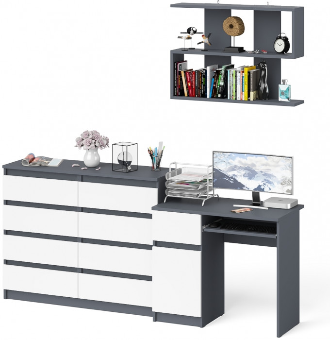 Мори компьютерный стол МС-1 левый + Комод МК1200.8 + Полка 900, графит/белый